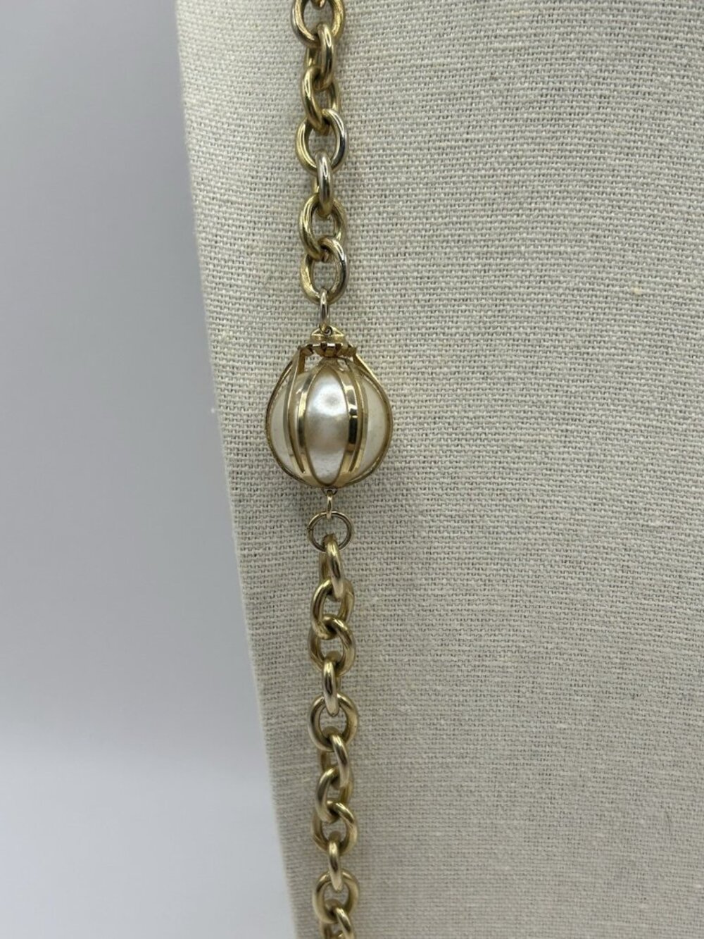 Vintage Gold Tone Chain Faux Pearl Bead Station Necklace Long 30” Cottagecore - Picture 4 of 15